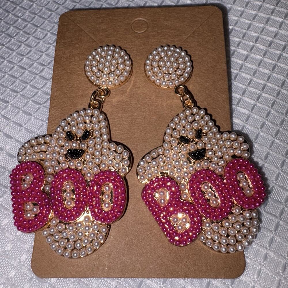 New Halloween Pink Boo Ghost Faux Pearl Beaded Dangle Earrings - 2.75”